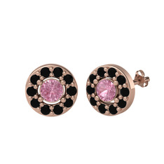 Pembe kuvars ve siyah zirkon 8 ayar rose altın küpe