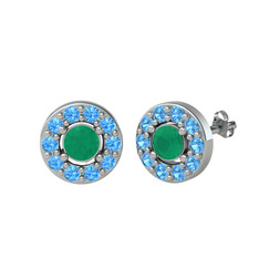 Minimal İris Küpe - Kök zümrüt ve akuamarin 14 ayar beyaz altın küpe #332wzw