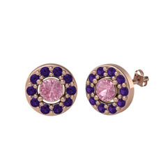 Minimal İris Küpe - Pembe kuvars ve ametist 8 ayar rose altın küpe #5cmmlg