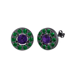 Minimal İris Küpe - Ametist ve yeşil kuvars 925 ayar siyah rodyum kaplama gümüş küpe #9pd2nh