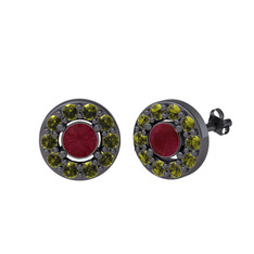 Minimal İris Küpe - Kök yakut ve peridot 925 ayar siyah rodyum kaplama gümüş küpe #ffi2b7