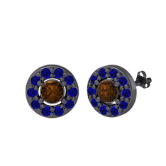 Minimal İris Küpe - Dumanlı kuvars ve lab safir 925 ayar siyah rodyum kaplama gümüş küpe #i2y7k1