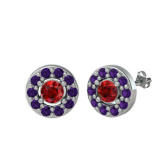 Garnet ve ametist 8 ayar beyaz altın küpe