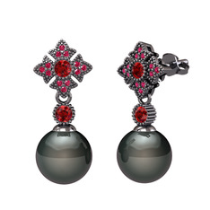 Teimei İnci Küpe - Siyah inci, garnet ve rodolit garnet 925 ayar siyah rodyum kaplama gümüş küpe #100c7u7