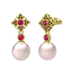 Teimei İnci Küpe - Pembe inci, rodolit garnet ve dumanlı kuvars 18 ayar altın küpe #10erhm0