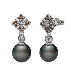 Teimei İnci Küpe - Siyah inci, swarovski ve dumanlı kuvars 14 ayar beyaz altın küpe #10k1xy6