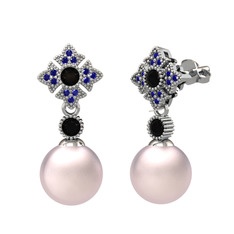 Teimei İnci Küpe - Pembe inci, siyah zirkon ve lab safir 18 ayar beyaz altın küpe #10m9kb0