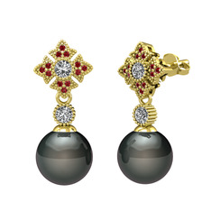 Siyah inci, swarovski ve garnet 925 ayar altın kaplama gümüş küpe