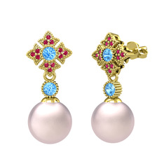 Teimei İnci Küpe - Pembe inci, akuamarin ve rodolit garnet 8 ayar altın küpe #118noji