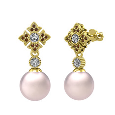 Teimei İnci Küpe - Pembe inci, swarovski ve dumanlı kuvars 18 ayar altın küpe #11idgvv