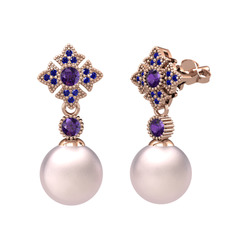 Teimei İnci Küpe - Pembe inci, ametist ve lab safir 8 ayar rose altın küpe #11znqe6