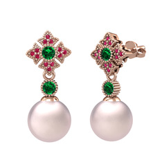 Pembe inci, yeşil kuvars ve rodolit garnet 14 ayar rose altın küpe