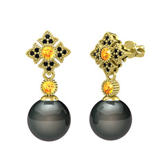 Teimei İnci Küpe - Siyah inci, sitrin ve siyah zirkon 18 ayar altın küpe #12s59go
