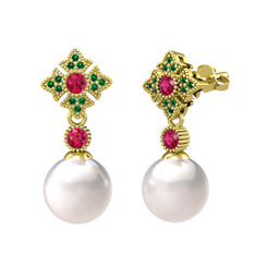 Teimei İnci Küpe - Inci, rodolit garnet ve yeşil kuvars 925 ayar altın kaplama gümüş küpe #12snwbu