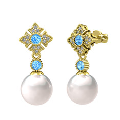 Inci, akuamarin ve swarovski 18 ayar altın küpe