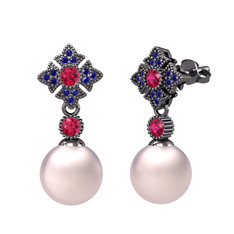 Pembe inci, rodolit garnet ve lab safir 925 ayar siyah rodyum kaplama gümüş küpe