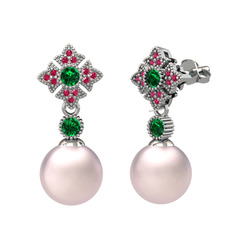 Teimei İnci Küpe - Pembe inci, yeşil kuvars ve rodolit garnet 8 ayar beyaz altın küpe #136ih4s