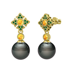 Teimei İnci Küpe - Siyah inci, sitrin ve yeşil kuvars 18 ayar altın küpe #13ed9vl