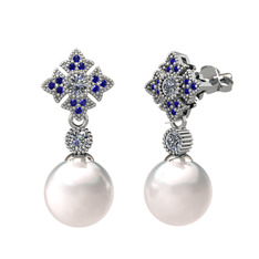 Teimei İnci Küpe - Inci, pırlanta ve lab safir 8 ayar beyaz altın küpe (0.44 karat) #13gljcb