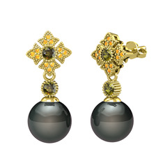 Teimei İnci Küpe - Siyah inci, peridot ve sitrin 18 ayar altın küpe #13x1gk8