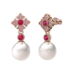 Teimei İnci Küpe - Inci, rodolit garnet ve pembe kuvars 18 ayar rose altın küpe #14041ty