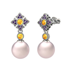 Teimei İnci Küpe - Pembe inci, sitrin ve ametist 18 ayar beyaz altın küpe #144c5hg