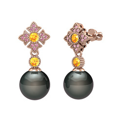 Siyah inci, sitrin ve pembe kuvars 14 ayar rose altın küpe