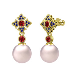 Teimei İnci Küpe - Pembe inci, garnet ve lab safir 18 ayar altın küpe #14a6nyi