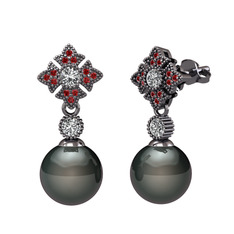 Teimei İnci Küpe - Siyah inci, swarovski ve garnet 925 ayar siyah rodyum kaplama gümüş küpe #14vgmfb