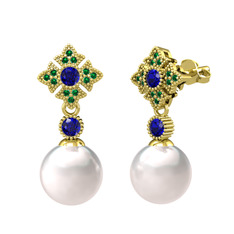 Teimei İnci Küpe - Inci, lab safir ve yeşil kuvars 18 ayar altın küpe #15glxih