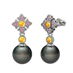 Teimei İnci Küpe - Siyah inci, sitrin ve pembe kuvars 8 ayar beyaz altın küpe #15qhhab