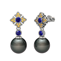 Teimei İnci Küpe - Siyah inci, lab safir ve sitrin 18 ayar beyaz altın küpe #15qsbb6