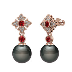 Siyah inci, garnet ve swarovski 18 ayar rose altın küpe