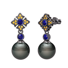 Siyah inci, lab safir ve sitrin 925 ayar siyah rodyum kaplama gümüş küpe