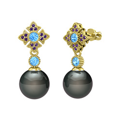 Siyah inci, akuamarin ve ametist 18 ayar altın küpe