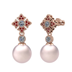 Teimei İnci Küpe - Pembe inci, pırlanta ve garnet 14 ayar rose altın küpe (0.44 karat) #16osh52