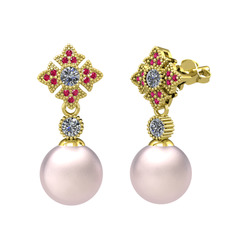 Teimei İnci Küpe - Pembe inci, pırlanta ve rodolit garnet 8 ayar altın küpe (0.44 karat) #173jyin