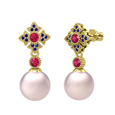 Teimei İnci Küpe - Pembe inci, rodolit garnet ve lab safir 925 ayar altın kaplama gümüş küpe #173nxow