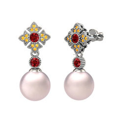 Pembe inci, garnet ve sitrin 8 ayar beyaz altın küpe