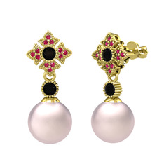 Pembe inci, siyah zirkon ve rodolit garnet 8 ayar altın küpe