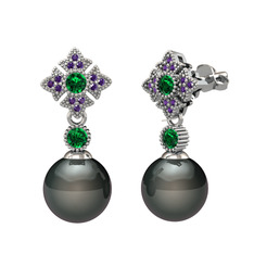 Siyah inci, yeşil kuvars ve ametist 925 ayar gümüş küpe