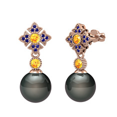 Teimei İnci Küpe - Siyah inci, sitrin ve lab safir 8 ayar rose altın küpe #18jjppt