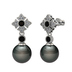 Teimei İnci Küpe - Siyah inci, siyah zirkon ve pırlanta 18 ayar beyaz altın küpe (0.2112 karat) #18t32pj