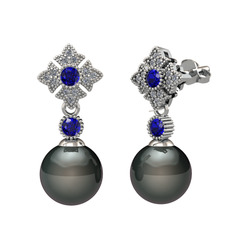 Teimei İnci Küpe - Siyah inci, lab safir ve pırlanta 925 ayar gümüş küpe (0.2112 karat) #194i992