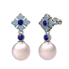 Teimei İnci Küpe - Pembe inci, lab safir ve akuamarin 8 ayar beyaz altın küpe #1984lyk