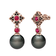 Teimei İnci Küpe - Siyah inci, rodolit garnet ve siyah zirkon 14 ayar rose altın küpe #19kx6bq