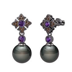 Teimei İnci Küpe - Siyah inci, ametist ve dumanlı kuvars 925 ayar siyah rodyum kaplama gümüş küpe #19l9ik6