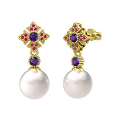 Teimei İnci Küpe - Inci, ametist ve rodolit garnet 18 ayar altın küpe #19m3hw1