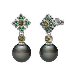 Siyah inci, peridot ve yeşil kuvars 18 ayar beyaz altın küpe