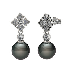 Siyah inci, swarovski ve pırlanta 18 ayar beyaz altın küpe (0.2112 karat)